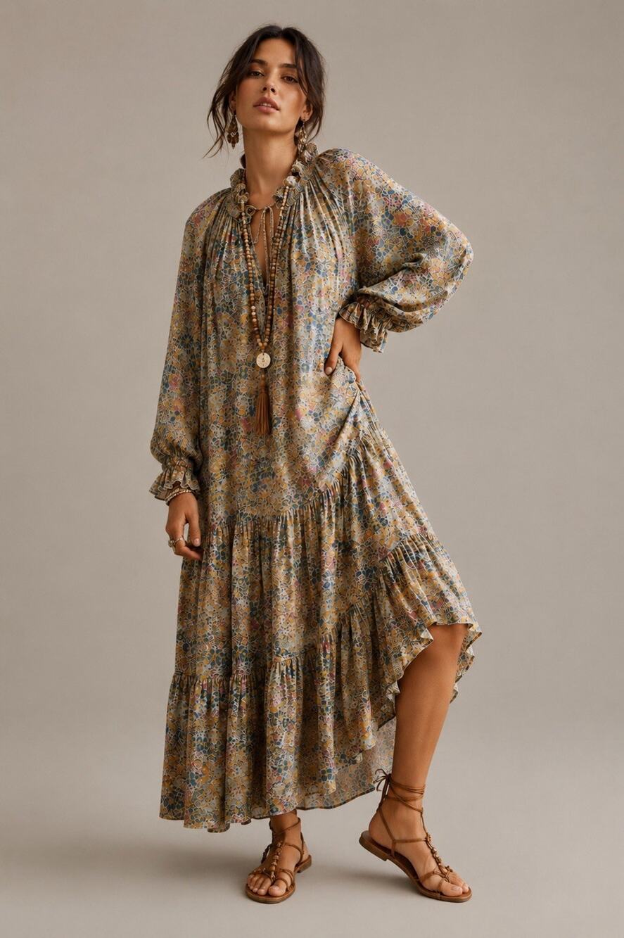 Free People Feeling Groovy Maxi Dress M Floral Tiered Ruffle Boho Festival